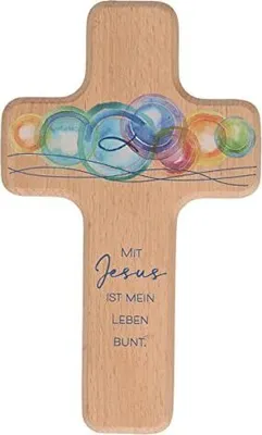 Produktbild von Kinderkreuz 18 cm natur Mit Jesus ist mein Leben bunt