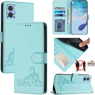 Produktbild von Leder Hülle für Motorola Moto E22/Moto E22i Süße Katze Flip Case Brieftasche Schutzhülle mit Standfunktion hellgrün