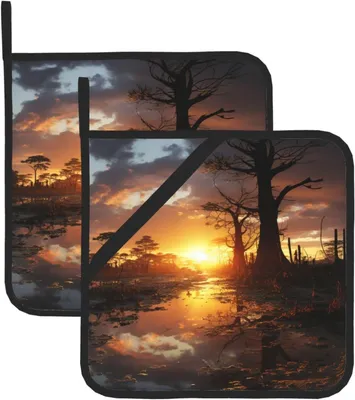 Produktbild von 2 Topflappen mit dem Motiv „Tote Bäume bei Dämmerung“, hitzebeständig, für Mikrowelle, Kochen, Backen, Ofen und BBQ