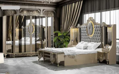 Produktbild von Luxus Garnitur Schlafzimmer Doppel Bett Klassischе Beige Set 5tlg Neu