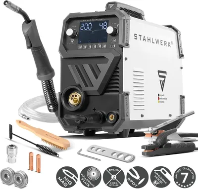 Produktbild von STAHLWERK Schutzgasschweißgerät MIG/MAG 200 ST Digital – kompakter Inverter mit 200 A, MMA, FLUX, Schweißen ohne Gas, Spot, synergischer Drahtvorschub