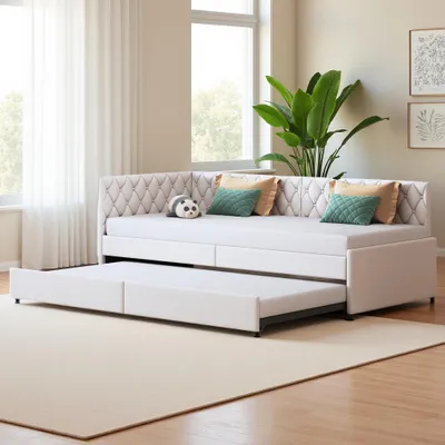 Image de Canapé-lit extensible 90x200 cm en velours beige, convertible en lit double, confortable et pratique pour gain de place