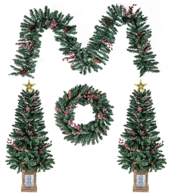 Produktbild von Set aus 4 Kunstweihnachtsbäumen mit Girlande und Kranz