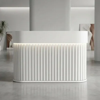 Produktbild von Empfangstheke & Bartheke mit Rundung, Vertikalstreifen-Design, für Salon, Hotel & Laden, Weiß 160×60×100cm【Baise160】