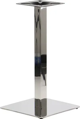 A polished stainless steel table base with a square top plate and a square base plate, shown against a white background.