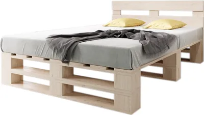 Produktbild von sunnypillow Palettenbett M2 aus Holz 180 x 200 cm mit Kopfteil und Lattenrost, Doppelbett, Familienbett - erhöhtes Ehebett Bettgestell Futonbett Komforthöhe Naturholz Massivholzbett