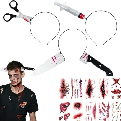 Imagen del producto de Diademas (3 unidades), tatuajes temporales (10 unidades), accesorios de Halloween para la fiesta