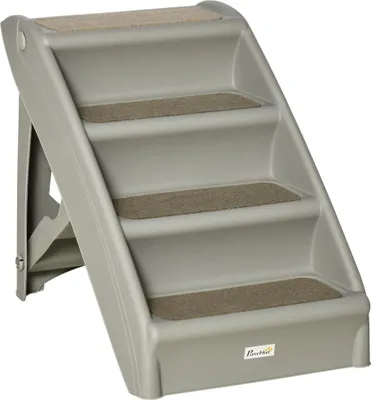 Produktbild von Haustiertreppe/Rampe für Hunde und Katzen - Tragbares Modell - Rutschfeste Stufen - Für Sofa und Bett - Tragkraft 20 kg - 62 x 38 x 49,5 cm - Kunststoff - Grau