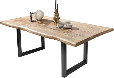 Produktbild von TPFLiving Tisch 240x100 cm Platte Mango massiv, Gestell Metall Platte natur, Gestell antikschwarz
