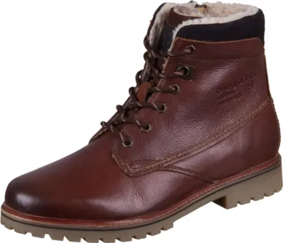 A single brown leather boot with laces and a fur lining.