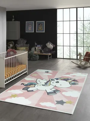 Obrázok produktu pre Detský koberec s jednorožcom a dúhou v ružovo-krémovej farbe – priemer 120 cm