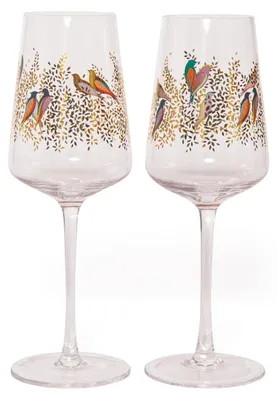 Weinglas-Set mit 2 Gläsern, 0,44 l, Glas, buntes Vogelmotiv