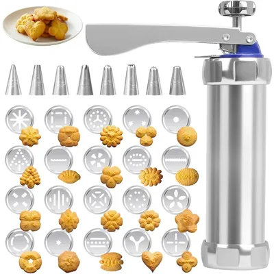 Image de Poche à glaçage - Pistolet à biscuits - 20 pochoirs - 8 embouts - Pour biscuits, gâteaux et pâtisseries - Idée cadeau