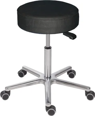 Produktbild von Belastbarer Hocker Stockton | Sitzhöhe 56-74cm | Ø 40cm | Tragfähigkeit 180kg | Kunstleder-Sitz | Aluminium-Fußkreuz mit Doppelrollen | Silber/Schwarz