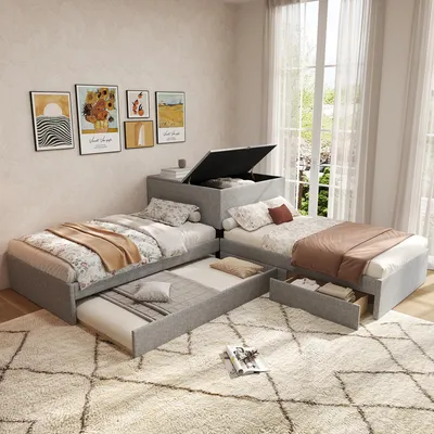 Productafbeelding van Bedbank 90x200 cm met uitschuifbed, opbergkast en 2 lades, bekleed bed met lattenbodem, linnen, grijs, zonder matras