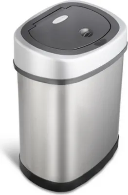 A stainless steel sensor trash can with a dark gray lid.