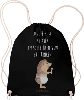 Produktbild von Mr. & Mrs. Panda Jutebeutel Igel Wein - Schwarz - Geschenk, Spruch, trinken, Weißwein, Lustige Sprüche, wander rucksack, Sportbeutel, Turnbeutel, Weinglas, gym tasche