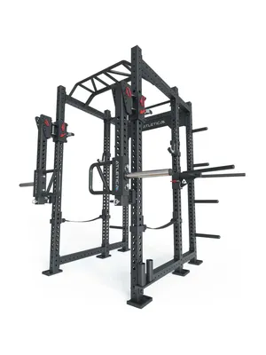 Produktbild von ATLETICA R8-Strike 6-Pfosten-Rack mit Jammer Arms, J-Hooks, Safety Straps, Dip Bar, 8 Weight Pins, 2 Pull-Up Bars, Logo Plate & Bar Holder