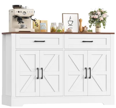 Image de Buffet de cuisine - Armoire de cuisine - 2 tiroirs, 4 portes - Bois mélaminé moderne - Hauteur 87 cm - Blanc