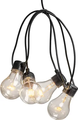 Produktbild von Konstsmide - LED Biergartenkette, klar, mit 6h Timer , 5 klare Birnen / 40 bernsteinfarbene Dioden, batteriebetrieben, Außen (IP44) , schwarzes Kabel, 4 x AA 1.5V (exkl.)