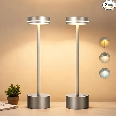 Produktbild von 2er LED Tischlampe Kabellos,1800mAh Touch Dimmbare Tischleuchte, USB Wiederaufladbar,3 Farbtemperatur Nachttischlampen, Augenschutz-Nachtlicht, Silber