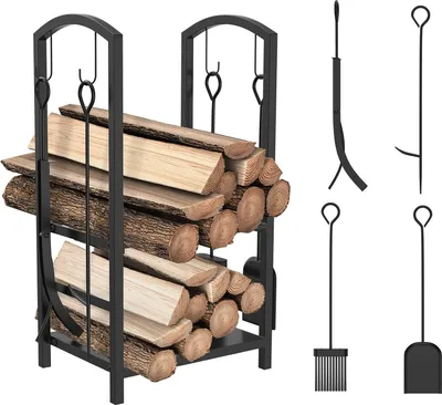 Obrázek produktu pro TRMLBE Stojan na palivové dřevo uvnitř 40x38x75 cm Dvojitý stojan na palivové dřevo se 4 sekcemi Krbová souprava včetně lopaty, kartáče, kleští, pohrabáče Stojan na dřevo do krbu