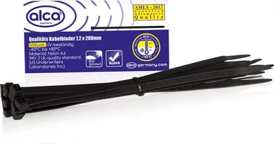 Obrázok produktu pre alca® káblové pásky 7,2*200 mm 50 ks čierne 55 kg pevnosť v ťahu odolné voči UV žiareniu pre vnútorné a vonkajšie upevnenie káblov nylon odolný voči teplote