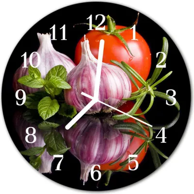 Produktbild von Glasuhr Wanduhr Küchenuhr Echt-Glas 30fi cm Tomate Knoblauch mehrfarbig
