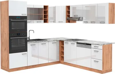 Produktbild von Eckküche Vicco R-Line Weiß Hochglanz/Goldkraft Eiche 247 x 60 cm , AP Marmor, Model 43138
