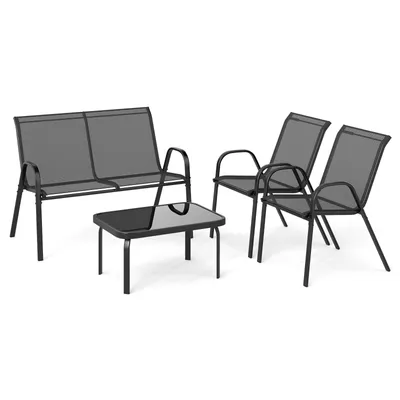 A set of outdoor furniture including a bench, two chairs, and a coffee table, displayed on a white background.