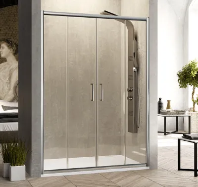 A modern bathroom with a glass shower enclosure.