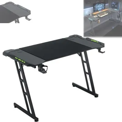 A gaming desk with LED accents.