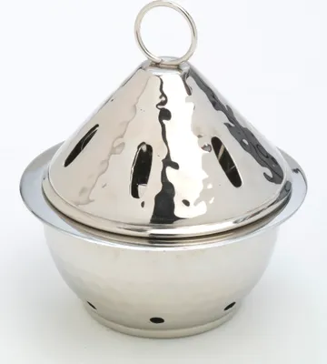 Produktbild von Räucherschale, Räuchergefäß gehämmert "kleiner Tropfen" aus Messing vernickelt Silber Höhe 13 cm für Räucherkohle