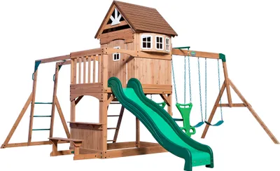 Produktbild von Backyard Discovery Montpelier Spielturm aus Holz | Stelzenhaus für Kinder mit Rutsche, Schaukel, Kletterwand, Picknicktisch | XXL Spielhaus / Kletterturm für den Garten