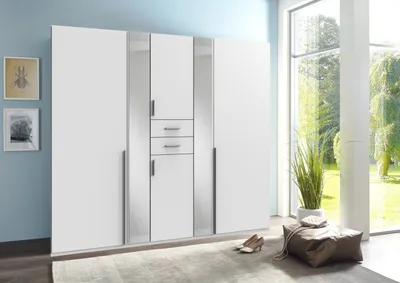 Produktbild von Kleiderschrank "Vanea" in WEISS mit 2 Schubladen und 6 Türen. Abmessungen (BxHxT) 225x210x58 cm