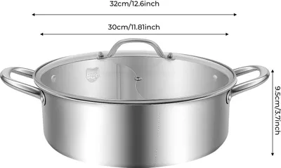 Produktbild von Chinesischer Hotpot - Geteilter Topf - 32 cm - 304 Edelstahl - Für Induktion - Edelstahldeckel mit Glaseinsatz - Mit Löffel