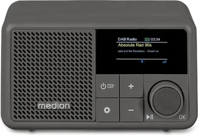 Immagine prodotto di Mini radio MEDION DAB+/FM, Bluetooth, 2 W RMS, impermeabile IPX1, autonomia della batteria 6,5 ore, grigio