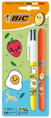 Image de Stylo à bille 4 couleurs Kawaii mix + surligneur orange BIC