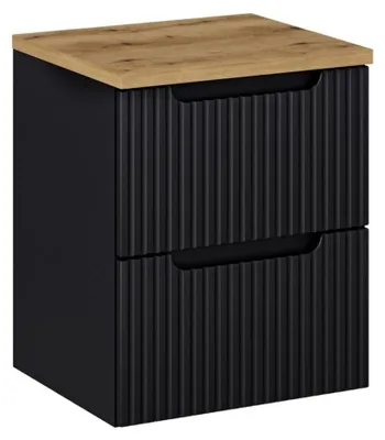 Productafbeelding van Hangend badkamermeubelset VANO 50cm: onderkast met gegroefde laden + blad voor wastafel in lichte eiken look