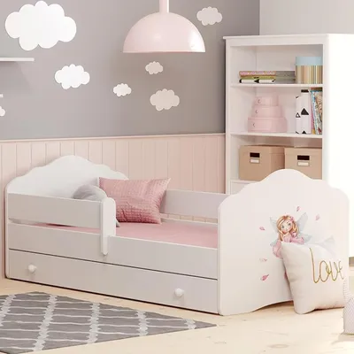 Image de Lit d'enfant 80x160 cm avec matelas et tiroir Sommier à lattes & protection antichute amovible Lit pour enfants Ensemble complet en blanc avec motif princesse