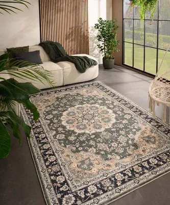 Immagine prodotto di Tappeto da esterno vintage Unyqoos® Valenca Nova, verde scuro, 120x160 cm, con struttura a rete 3D per un'ammortizzazione confortevole, lavabile, adatto per interni ed esterni