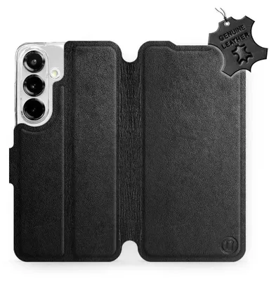 A black leather flip case for a smartphone, shown open.