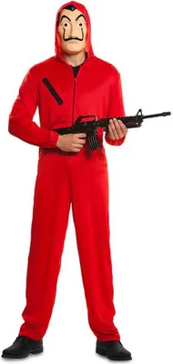 A person wearing a red jumpsuit and a mask, holding a toy gun.