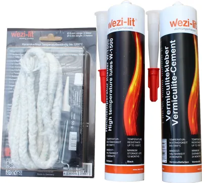 Obrázok produktu pre Šnúra do rúry Ø 6 mm 2 m + lepidlo na šnúru + tesniaca hmota W-1500 do 1500° + vermikulitové lepidlo do 1000°