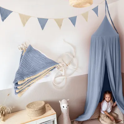 Image de Guirlande de fanions crème & bleu sans application dorée - guirlande en tissu 3 m