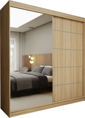 Produktbild von Masseno Schiebetürenschrank MIRELLA 200 cm Kleiderschrank Schlafzimmer Schrank 2-türig mit Spiegel Sonoma Eiche