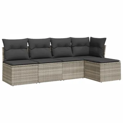 Produktbild von 5-tlg. Garten-Sofagarnitur mit Kissen Hellgrau Poly Rattan