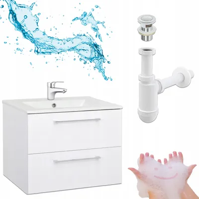 Image de Meuble de salle de bain blanc Lavabo suspendu 50 x 40 Gloss Vesto Robinet Siphon