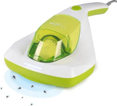 A handheld mite vacuum cleaner with a UV-C light is shown against a white background, with several small insects depicted around its base.