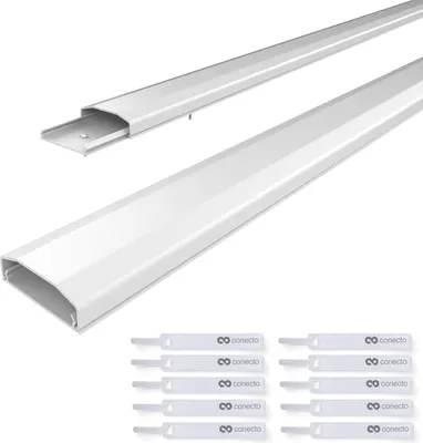 Produktbild von conecto Kabelkanal mit 3M Klebeband selbstklebend selbsthaftend zum Kleben oder Schrauben aus hochwertigem PVC (Länge 100cm, Breite 6cm, Höhe 2cm) weiß, 2er Pack + 10er Klettkabelbinder